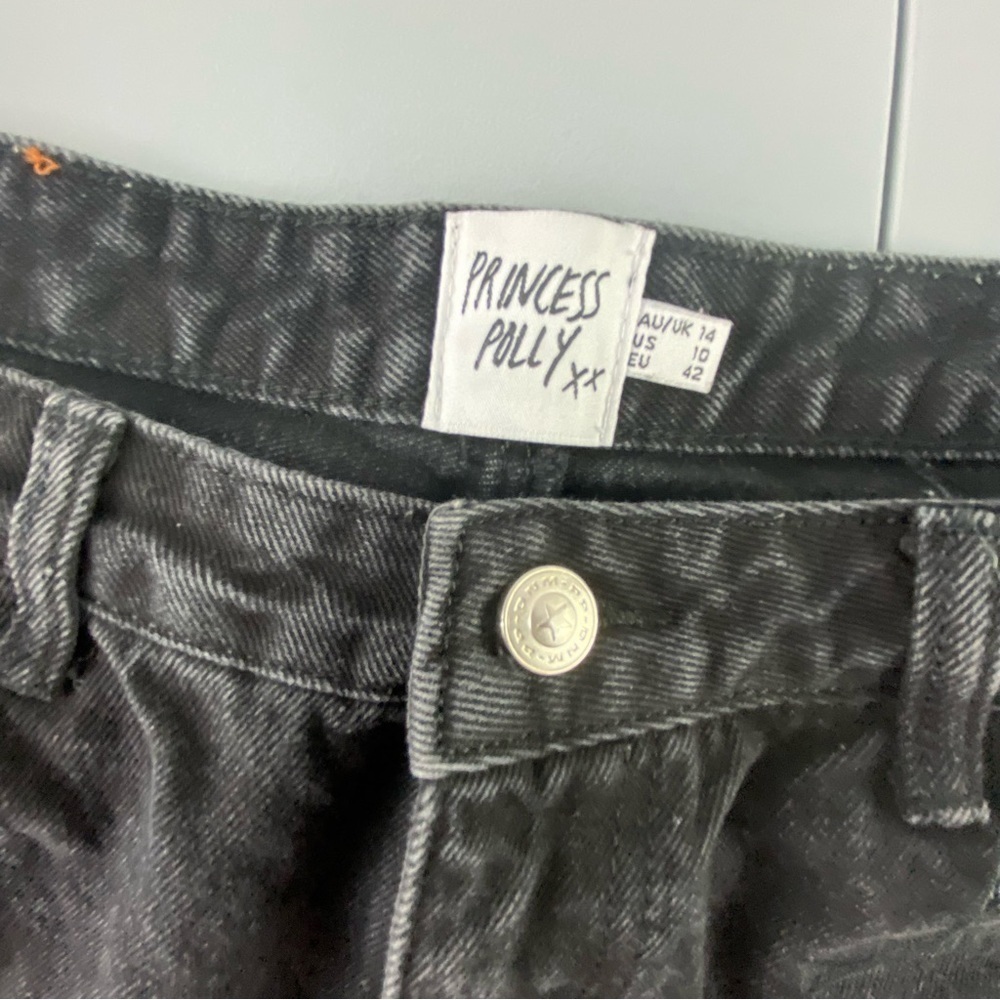 Princess Polly black faded denim cutoff raw hem high shorts, 14 - Picture 4 of 12